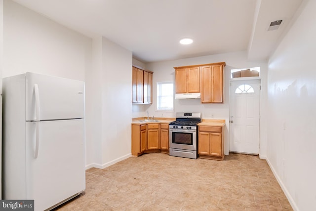 kitchen with white refrigerator, stainless steel gas range oven, and sink