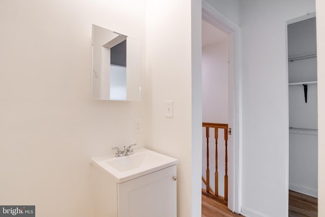 bathroom with hardwood / wood-style flooring and vanity