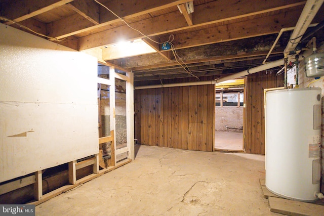 basement with electric water heater and wooden walls