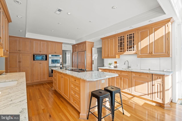 kitchen featuring built in appliances, light stone counters, an island with sink, light hardwood / wood-style floors, and sink