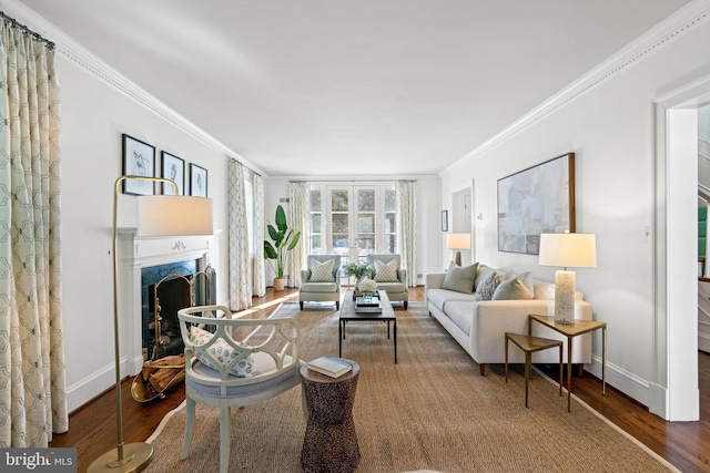 living room featuring a premium fireplace, ornamental molding, and dark wood-type flooring