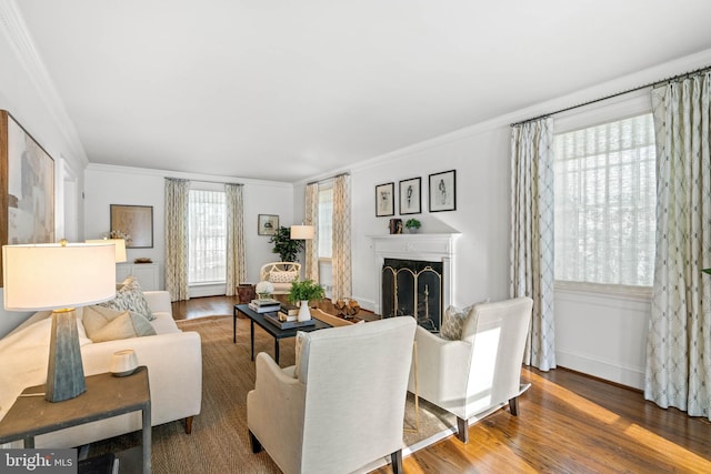 living room featuring crown molding and wood-type flooring