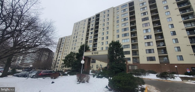 view of snow covered building