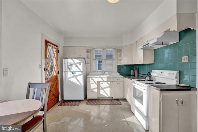 kitchen with range hood, open shelves, decorative backsplash, white cabinetry, and white appliances