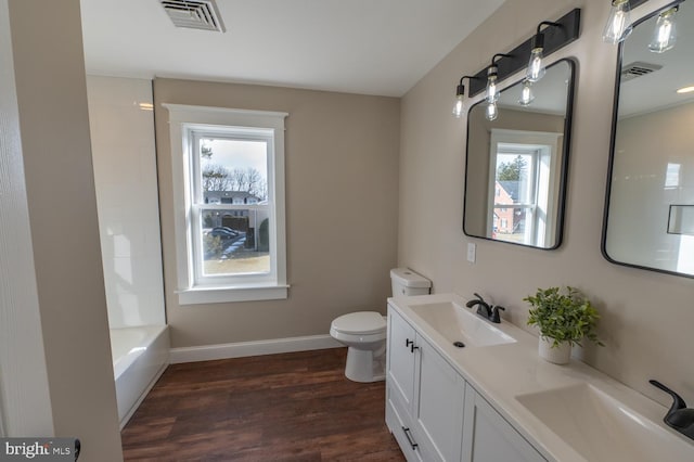 bathroom featuring toilet, vanity, and wood-type flooring