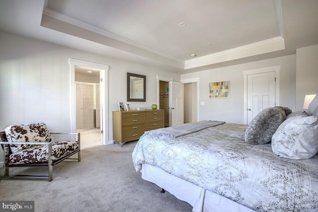 carpeted bedroom featuring ensuite bath and a tray ceiling