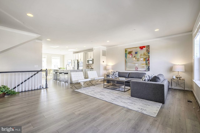 living room with ornamental molding, light wood-type flooring, and sink