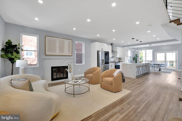 living room featuring a premium fireplace and light hardwood / wood-style flooring