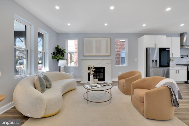 living room with light hardwood / wood-style floors and a fireplace