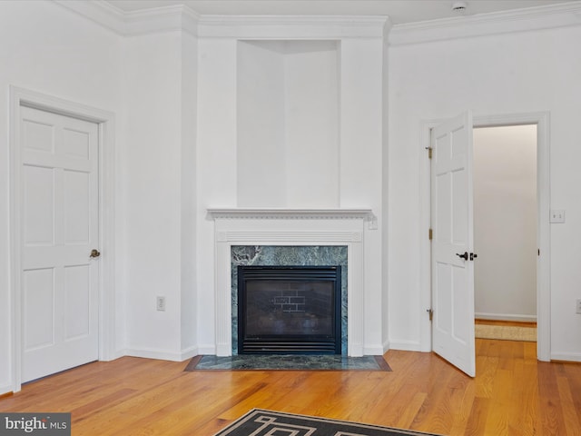 room details with wood-type flooring, a fireplace, and ornamental molding