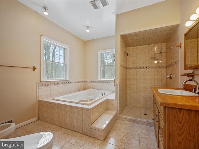 bathroom featuring a bidet, shower with separate bathtub, tile patterned floors, and vanity