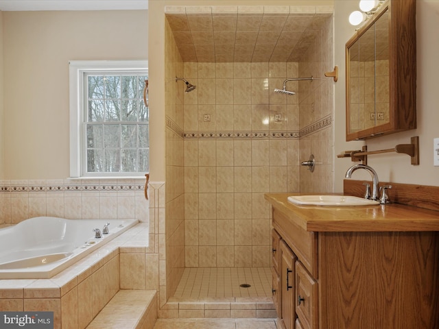 bathroom with separate shower and tub, vanity, and tile patterned flooring