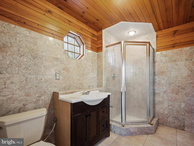 bathroom featuring toilet, vanity, tile walls, tile patterned floors, and wood ceiling