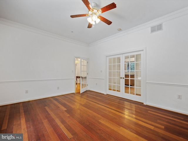 spare room featuring ceiling fan, french doors, ornamental molding, and hardwood / wood-style flooring