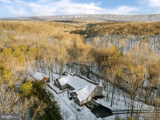 snowy aerial view featuring a mountain view