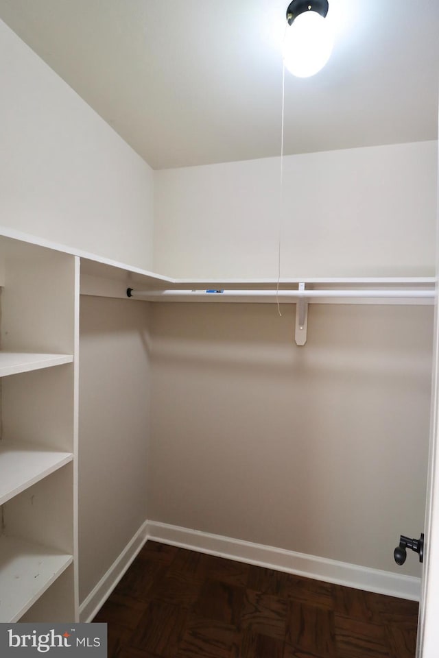 spacious closet with dark parquet flooring