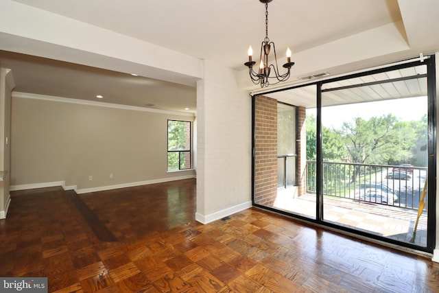 unfurnished room with dark parquet flooring and a notable chandelier