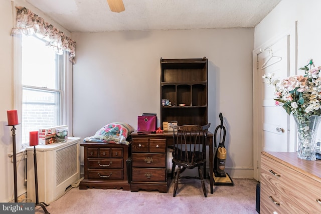 office space with light colored carpet, ceiling fan, and a textured ceiling