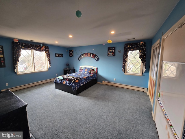 unfurnished bedroom featuring a baseboard radiator and carpet flooring