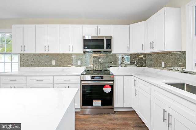 kitchen featuring white cabinetry, appliances with stainless steel finishes, dark hardwood / wood-style flooring, and decorative backsplash