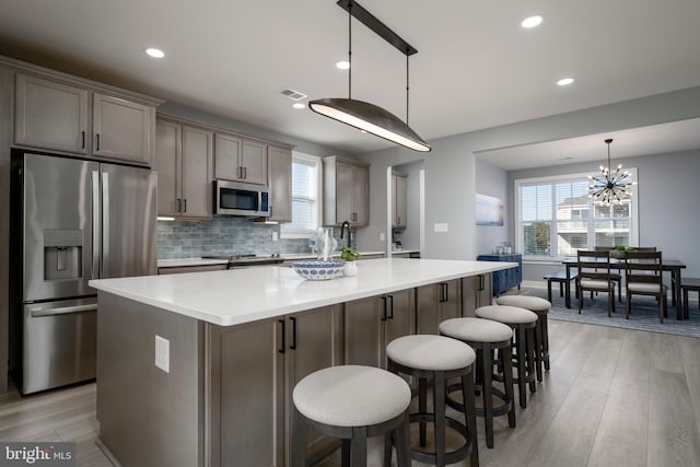 kitchen with decorative light fixtures, an island with sink, a notable chandelier, decorative backsplash, and appliances with stainless steel finishes