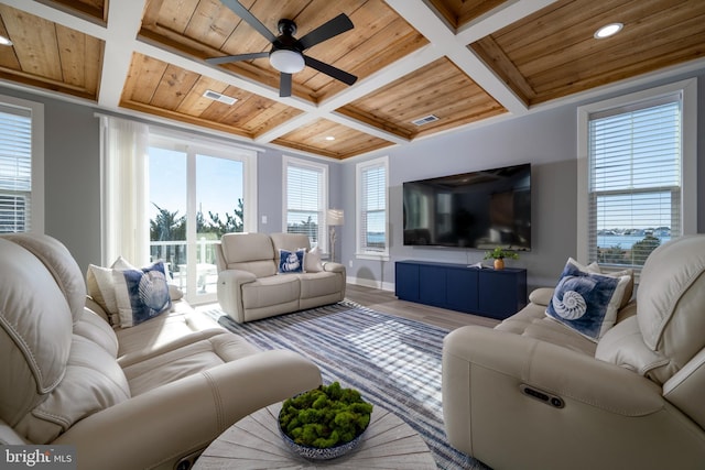 living room featuring a healthy amount of sunlight, coffered ceiling, and wooden ceiling