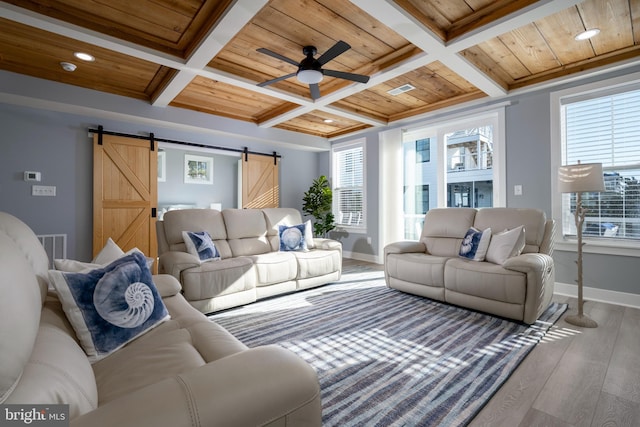 living room with hardwood / wood-style flooring, wood ceiling, a barn door, ceiling fan, and coffered ceiling