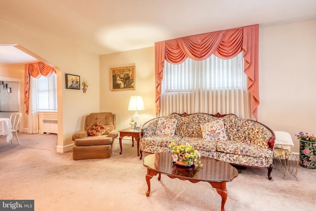 living room featuring radiator and carpet flooring