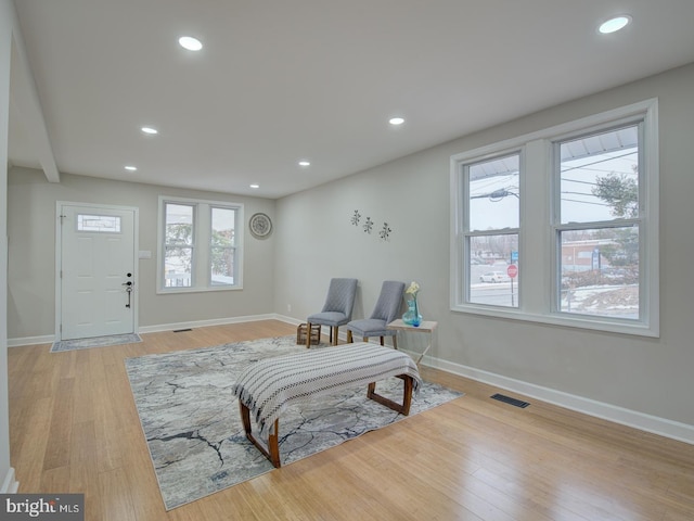 sitting room with a healthy amount of sunlight and light hardwood / wood-style floors