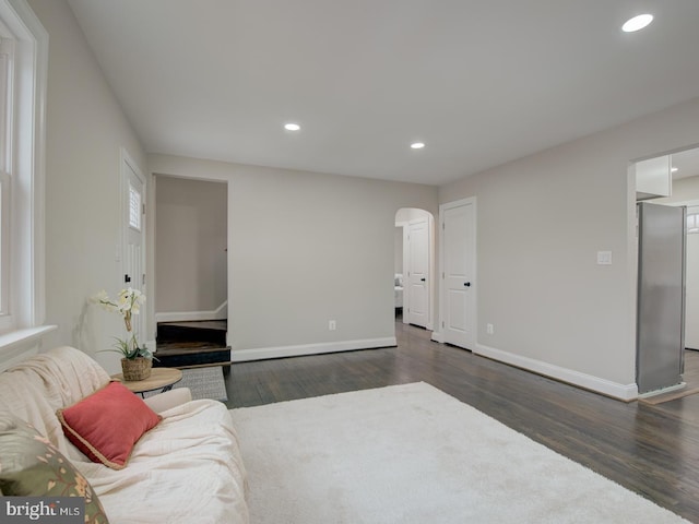 living room featuring dark wood-type flooring