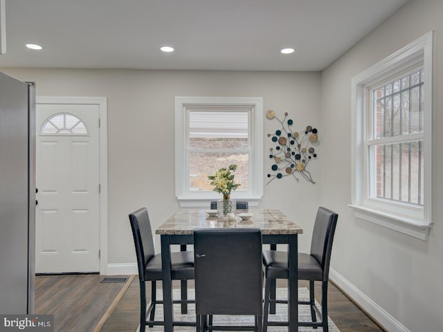 dining room featuring dark wood-type flooring and a wealth of natural light