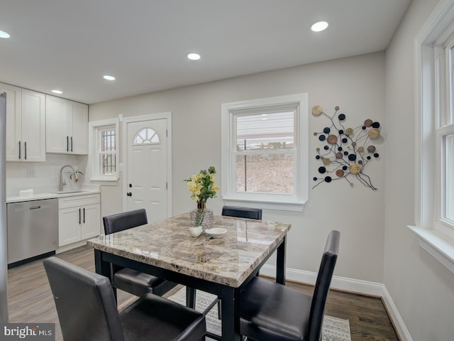 dining room featuring sink and hardwood / wood-style flooring