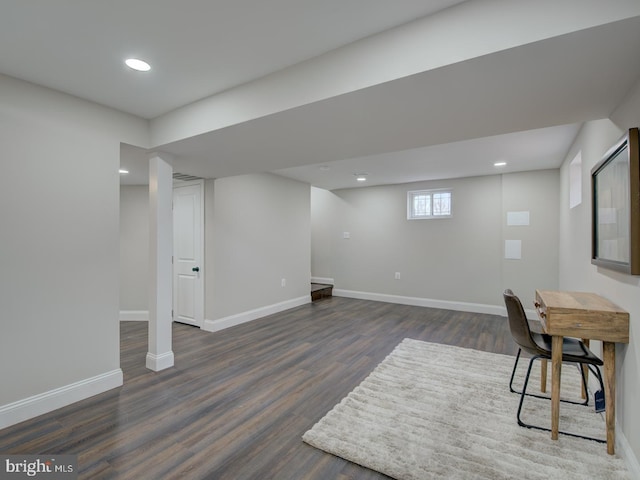 basement featuring dark wood-type flooring