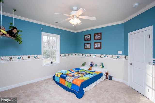 bedroom featuring ceiling fan, ornamental molding, and light carpet