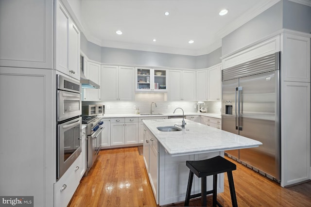 kitchen featuring high quality appliances, white cabinetry, sink, light stone counters, and a center island with sink