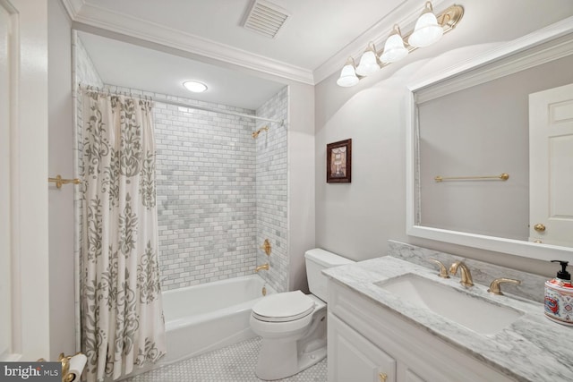 full bathroom with shower / tub combo with curtain, tile patterned flooring, vanity, ornamental molding, and toilet