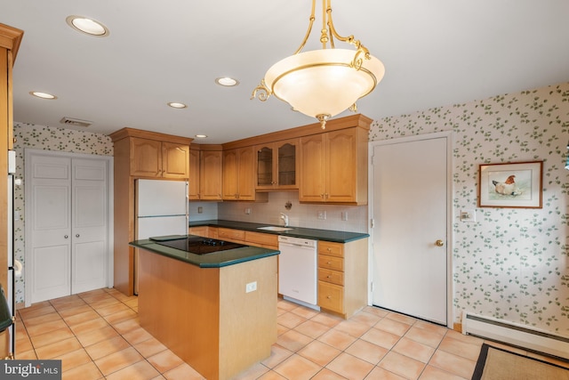 kitchen featuring white appliances, wallpapered walls, dark countertops, glass insert cabinets, and baseboard heating