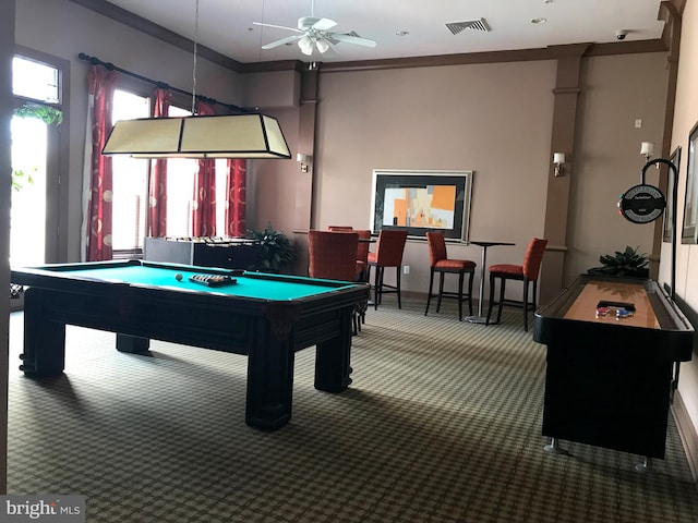 playroom featuring ceiling fan, pool table, crown molding, and carpet flooring