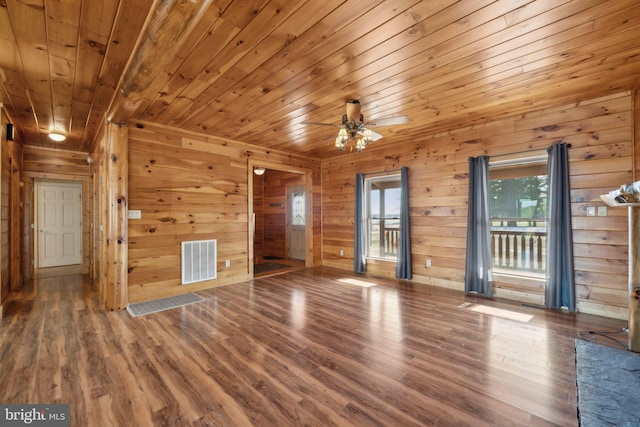 unfurnished living room with ceiling fan, wood ceiling, wood walls, and hardwood / wood-style floors