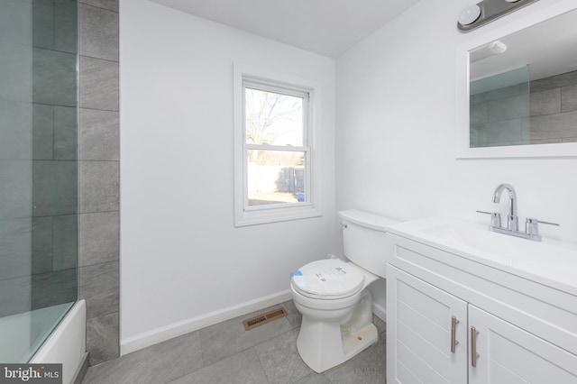 full bathroom with toilet, bath / shower combo with glass door, tile patterned floors, and vanity