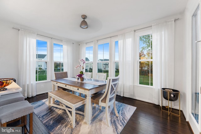 dining area featuring ceiling fan and dark hardwood / wood-style floors