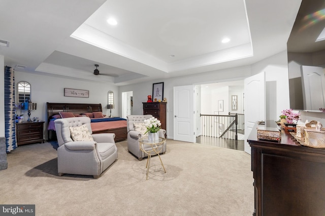 carpeted bedroom featuring a raised ceiling