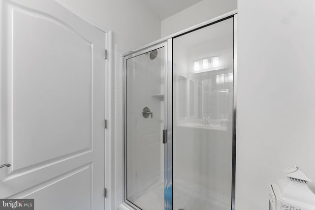 bathroom featuring a shower with door