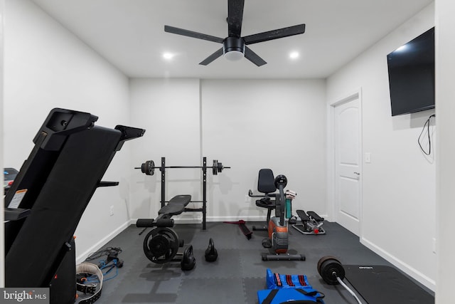 exercise room featuring ceiling fan