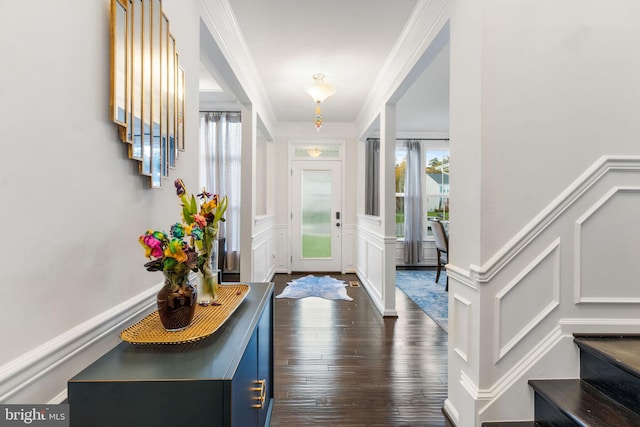 foyer with dark wood-type flooring and crown molding