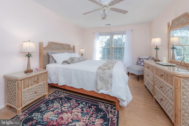 bedroom featuring ceiling fan and light wood-type flooring