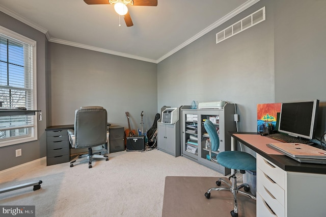 office with ornamental molding, ceiling fan, and light colored carpet