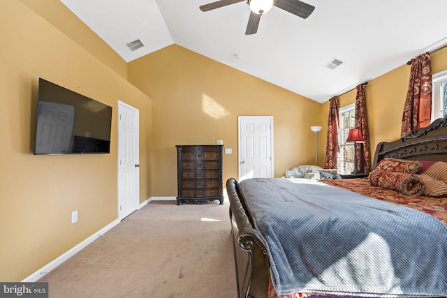 carpeted bedroom with ceiling fan, baseboards, visible vents, and vaulted ceiling