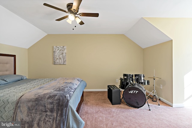 bedroom with lofted ceiling, ceiling fan, carpet flooring, and baseboards