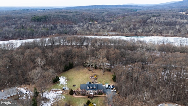 aerial view featuring a wooded view and a mountain view